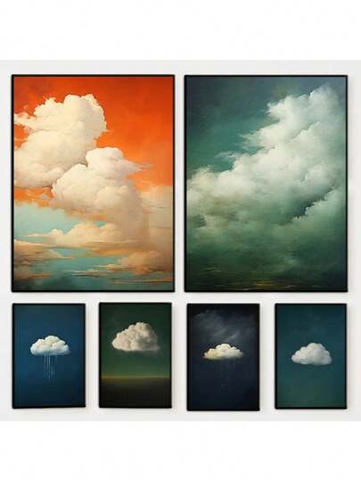 Vintage Abstract Surreal Dark Blue Cloud Rain Poster Minimalist Modern Canvas Painting Wall Art Antique Living Room Home Decor Holiday & Birthday Gift, Office Decoration Arranged Artwork Optional Frame ,Wall Art With Frame