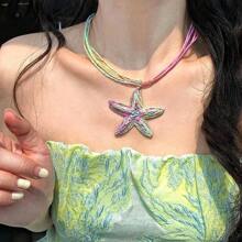 1 pieza Collar con forma de estrella de mar tejida en azul isla, collar de clavícula de estilo resort de playa único para mujeres, para el verano