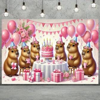 1 pieza de Pancarta de poliéster con el diseño de un Capibara rosa y adorable para fiesta de cumpleaños, fondo de fotografía de Capibara feliz para decoración de fiesta de cumpleaños, celebración, decoración universal para fiestas, adecuado para varias ocasiones