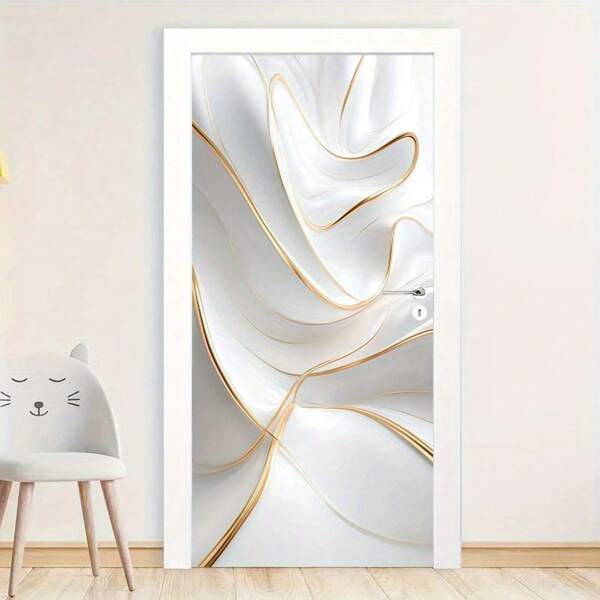 1 Pair Of Elegant White And Gold Abstract Flowing Fabric Wall Decals - Removable Self-Adhesive Wallpaper, Smooth Texture, Minimalist Luxury Home Decor, Suitable For Doors And Entryways, 30.3 Inches X 78.7 Inches Wall Decor Room Decor Stickers Personalised Stickers
