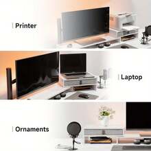 Dual Monitor Stand With Drawer Computer Monitor Stand Riser - 2 Shelf With Adjustable Length And Angle, Wood Monitor Stands For 2 Monitors, Laptop PC, Computer, Printer, Desktop Organizer, White - White - View 5