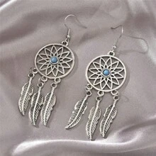 1 Pair Turquoise Leaf Pendant Earrings, Vintage Silver Turquoise Feather Dreamcatcher Pendant Necklace, Family Friend Gift, Metal