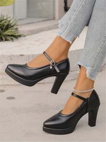 Tacones altos de punta con slip-on de talla grande, estilo británico, tacón grueso, con correa, zapatos de moda versátiles para mujer, primavera y otoño - Negro - Ver 5