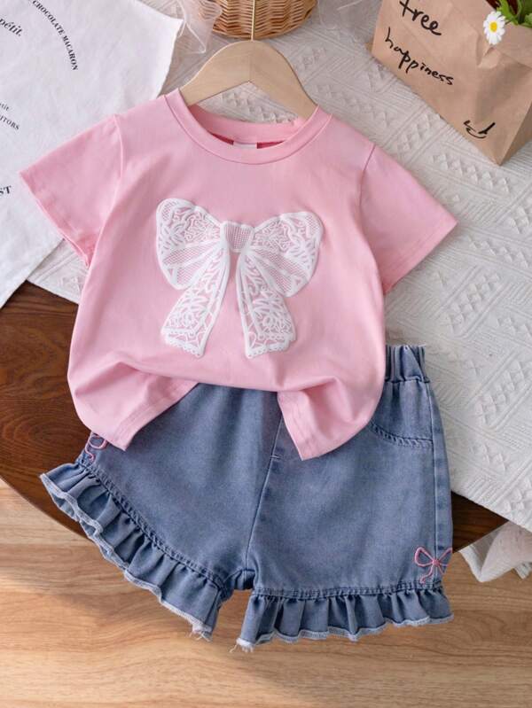 Conjunto de Camiseta de Manga Curta com Estampa Gráfica de Laço e Shorts Denim com Bordado de Laço para Meninas, Verão
