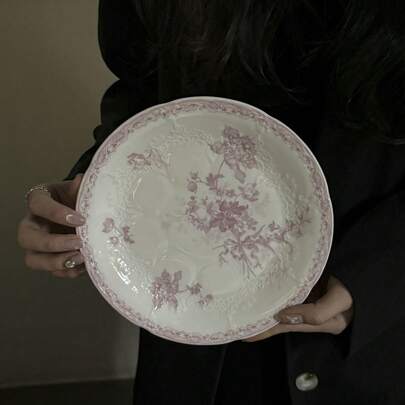 1pc French Retro Pink Embossed Ceramic Dish Set, Including Serving Plate, Coffee Cup & Saucer, Rice Bowl, Dessert Bowl, Tableware, Ceramic Plate, Coffee Cup & Saucer Series, Dessert Plate, Holiday/Souvenir Gift Back To School