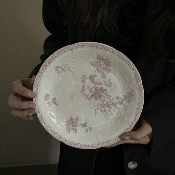 1 pieza Juego de vajilla de cerámica francesa retro rosa con relieve, que incluye plato de servir, taza de café y platillo, bol de arroz, bol de postre, vajilla, plato de cerámica, serie de taza de café y platillo, plato de postre, regalo de vacaciones/recuerdo Vuelta al colegio