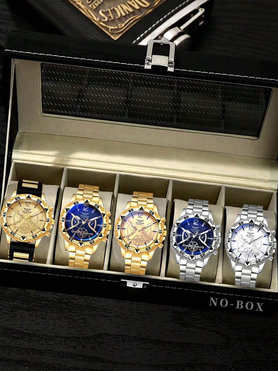 5PCS Men's Stainless Steel Strap Fashion Simple Business Style Quartz Watch Set, Can Be Used As An Important Holiday Gift, Daily Decoration Wear - Gold - View 1