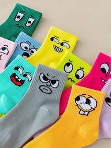 10 Pairs Unisex Quirky Expression Plain Mid-Calf & Ankle Socks, Fashion Creative Comfortable Casual For Daily, Home, Party, Holiday Wear - Multicolor - View 5