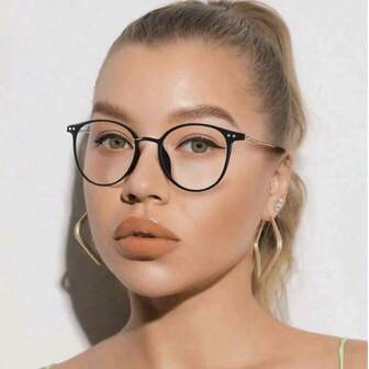 小框圆形眼镜框，铆钉装饰，复古无度数眼镜 - 多功能免妆必备