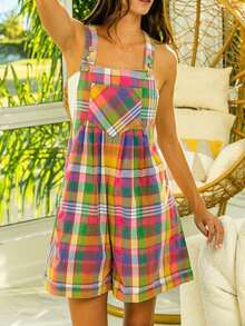 Women's Casual Romper Vintage Multicolor Plaid Wide Leg Shortalls Sleeveless Soft And Lightweight 100% Cotton Relaxed Fit Perfect For Spring/Summer Outings And Casual Gatherings.