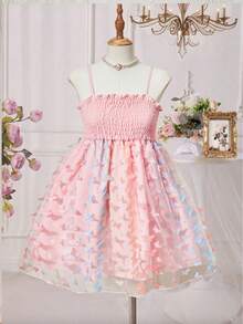 女童无袖蝴蝶刺绣渐变色薄纱派对礼服，休闲优雅公主风格生日礼服，蝴蝶翼形后背装饰，甜美优雅的夏季晚礼服 - 粉色 - 查看 2