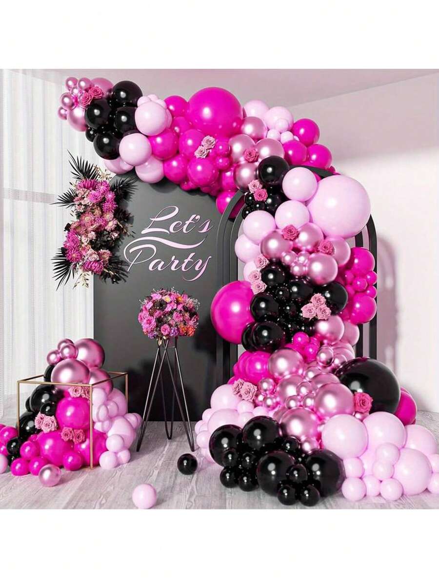 141pcs Rose Red, Black, Light Pink, Metallic Light Pink Balloon Garland Arch Kit, Suitable For Wedding Birthday Party Decoration, Latex Balloon Decor, Birthday Photo Prop, Birthday Party, Anniversary Party, Valentine's Day, Mother's Day And Summer Celebration, Bachelorette Party, Prom, Christmas - Multicolor - View 1
