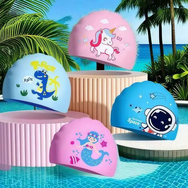 1 pieza Gorro de natación de dibujos animados vibrantes para jóvenes - Tela elástica y protectora de orejas en colores mixtos con unicornios, tiburones y talla grande - Perfecto para actividades en la piscina y el baño, artículos esenciales de playa, accesorios de playa, flotador de piscina