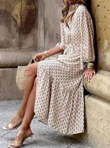 Vestito da donna decorato con cintura, adatto per vacanza e uso casual quotidiano