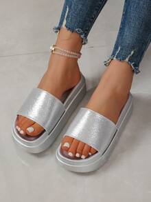 Pantufas plataforma casuais femininas de sola grossa, estilo boêmio básico para ambientes internos, externos e praia - Prata - Ver 3