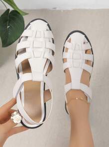 1 Pair Plain Color Bohemian Holiday PU Leather Hollow Out Flat Sandals, For Outdoor Vacation, Beach Wear In Summer