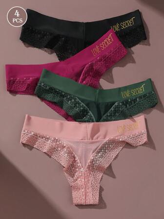 4 PCS Women's Thongs Ice Silk Lace Letters LOVE Quick Drying Sexy Women's Triangle Underwear T-Shirt Thong