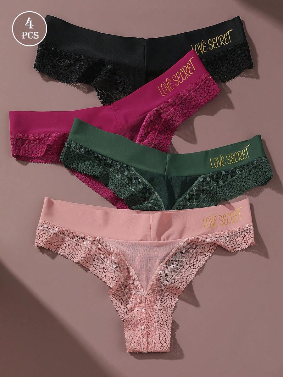 4 PCS Women's Thongs Ice Silk Lace Letters LOVE Quick Drying Sexy Women's Triangle Underwear T-Shirt Thong - Multicolor - View 1