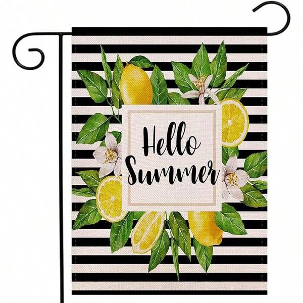 Watercolor Stripes Hello Summer Lemon Wreath Garden Flag Vertical Double Sided, Seasonal Summer Lemon Courtyard Outdoor Decoration 30*45cm 70*100ccm