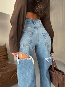 SQUALO Jeans de talle alto con efecto lavado azul y rasgados, sexy para salir de fiesta
