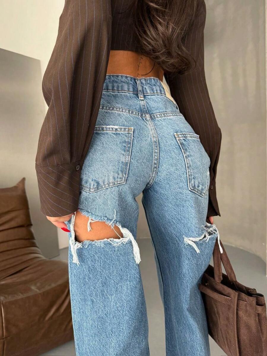 SQUALO Jeans de talle alto con efecto lavado azul y rasgados, sexy para salir de fiesta