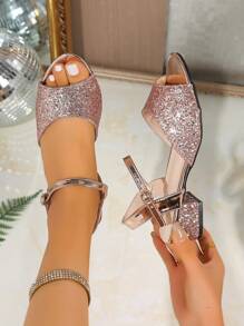 Elegant Chunky Heel Women's Sandals - Open Toe, Sequin Design, Fashion Summer Sandals, Women's High Heels, Chunky Heel Open Toe Sandals