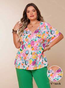 Fruit Print V-Neck Batwing Sleeve Casual Vacation Short Sleeve Tops, Lightweight Plus Size Women Summer Clothing
