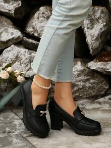 Women's Rhinestone Bow Loafers, Black PU Leather Platform High Heel Shoes - 黑色 - 查看 5
