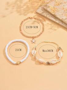 3pc/Set Summer Ocean Style Soft Pottery Shell Beaded Metal White Drip Glaze Starfish Pendant Anklet, Fashion Natural Shell Conch Handmade Woven Rope Women Foot Jewelry For Daily, Beach, Date Decoration