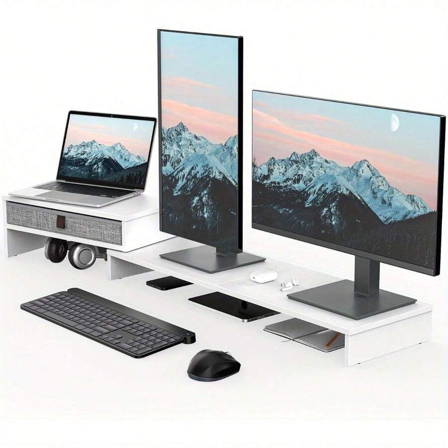 Dual Monitor Stand With Drawer Computer Monitor Stand Riser - 2 Shelf With Adjustable Length And Angle, Wood Monitor Stands For 2 Monitors, Laptop PC, Computer, Printer, Desktop Organizer, White - White - View 1