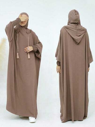 1 件女士连帽长袍祈祷服，休闲吉尔巴布，宽松透气伊斯兰服装 Abaya、Khimar、Kaftan、Caftan，适合日常穿着和礼物（抽绳颜色可能因生产批次不同而有所不同）