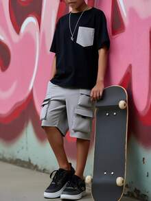 2pcs/Set Tween Boy Casual Short Sleeve Utility Pocket Shorts Set - Grey - View 3