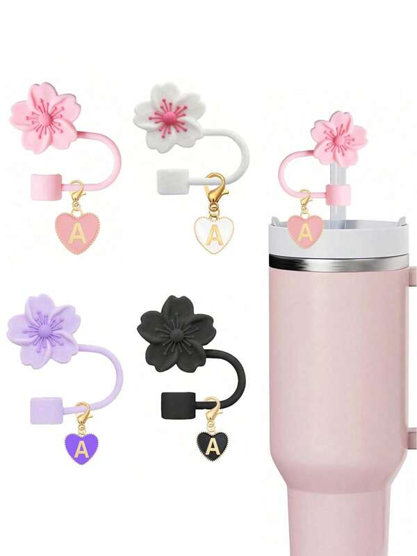 2 peças/1 conjunto de topo de canudo com flor de romã em formato de coração e letra, marcador de letras para copo rosa e tampas de silicone reutilizáveis para canudo com 10 mm de diâmetro, decorações fofas com letras e flores para copos de vidro minimalistas modernos, acessórios para copos, presentes para festas de fim de ano, presente para o Dia das Mães