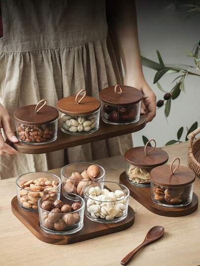 6件装玻璃水果托盘盒带盖，日式干果/坚果/茶/咖啡豆/水果/零食收纳玻璃盒带盖，适用于客厅/餐厅/办公室/咖啡店/餐厅