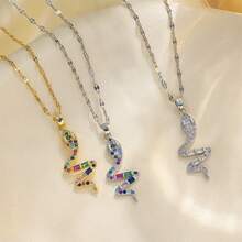1pc Rhinestone Inlaid Colorful Snake-Shaped Punk Stainless Steel Pendant Necklace, Fashion DIY Jewelry - Diamond Snake - View 1