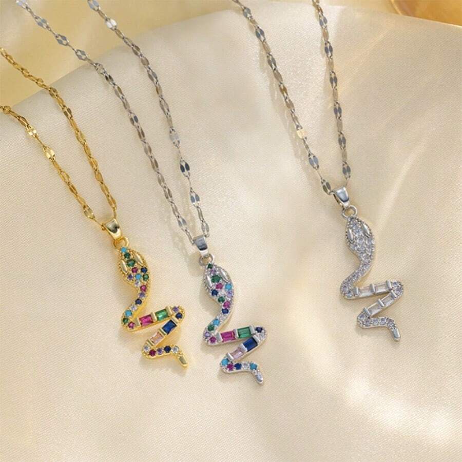 1pc Rhinestone Inlaid Colorful Snake-Shaped Punk Stainless Steel Pendant Necklace, Fashion DIY Jewelry - Diamond Snake - View 1