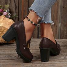 女式纯色粗跟踝靴，休闲黑色皮革防滑短靴，适合日常休闲、派对和正式场合 - 棕色(C扣) - 查看 6