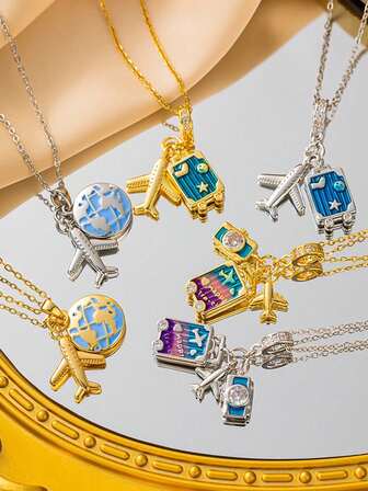 1 件不锈钢全球旅行元素吊坠项链，适合女性日常佩戴或作为礼物送给朋友