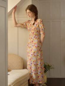 Vestido de verano de mujer elegante y romántico con escote en V, estampado floral diminuto y mangas con volantes, adecuado para citas y ocasiones - Albaricoque - Ver 10