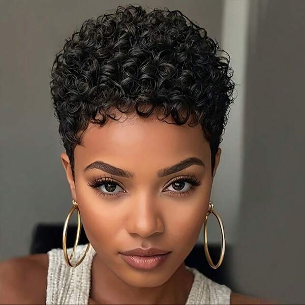 Brazilian Short Pixie Cut Curly Wigs For Women Human Hair Short Black Afro Curly Kinky Curly Wig Human Hair African Curly Wigs 1B Color Full Machine Made Glueless Wig