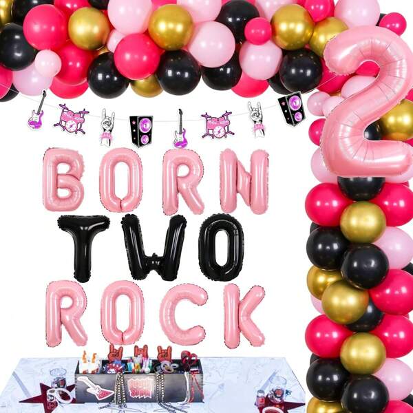 88 piezas Decoraciones de cumpleaños "Rock and Roll" para el 2do cumpleaños, decoración de fiesta con globos, arco, pancarta y suministros de temática de música rock para fiestas