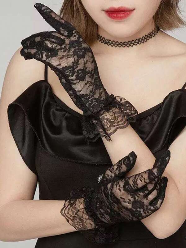 1 Pair Adult Mesh Gloves, Women's Sexy Floral Lace Fingerless Fishnet Gloves For Party, Music Festival, Street Style