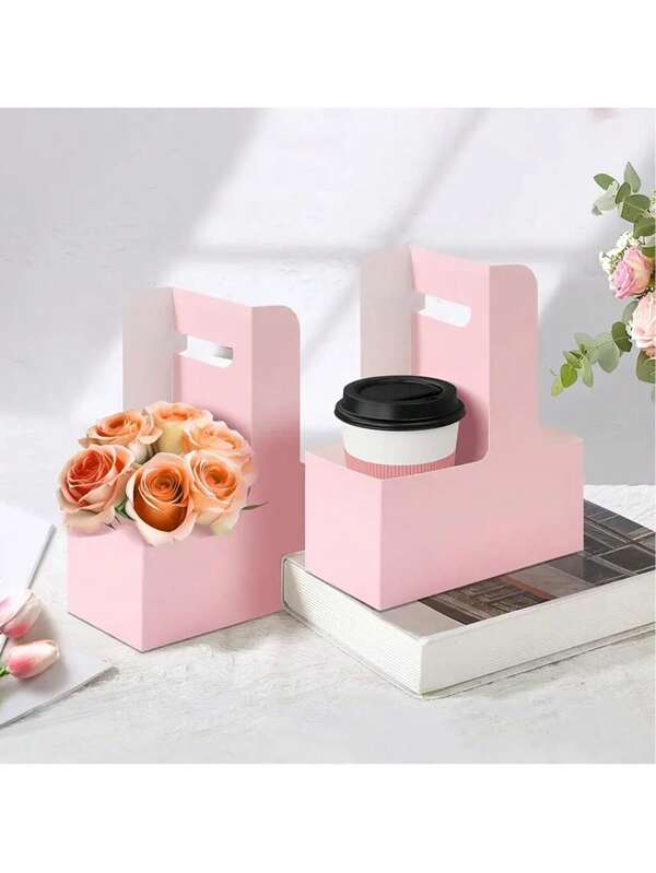 10PCS Pink Paper Coffee Packaging Boxes, 2 Cup Beverage Tray With Handle, Flower Packaging Boxes, Paper Flower Basket, Beer Basket, Coffee Basket Design, Perfect For Wedding Table Flower Decoration, Birthday And Holiday Gift Packaging,Graduation Gifts, Photo Props