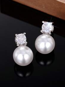 1 par de pendientes de aro con circonita cúbica y perla falsa para mujer, ideales para boda, compromiso, aniversario, fiesta y como regalo de San Valentín