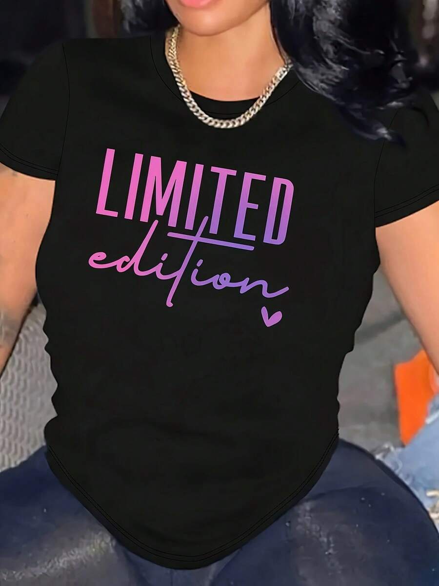 Camiseta con estampado de "edición limitada" de manga corta y cuello redondo de algodón negro para mujer Camiseta informal de moda de verano de 180 g para mujer, camiseta ligera y transpirable de moda para uso diario, regalo perfecto para mujeres con estilo - Negro - Ver 1