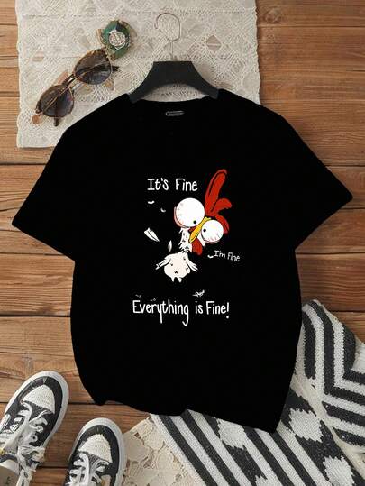 Áo thun nữ cỡ lớn in hình hoạt hình và khẩu hiệu "It's Fine I'm Fine Everything Is Fine" (Không sao, tôi không sao, mọi thứ đều ổn) - Áo thun nữ mùa hè màu đen.