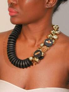 1pc Retro Personalized Black Disc Layered Beaded Necklace - Multicolor - View 2