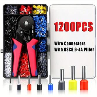 leooy 1200 件冷压端子套件 - HSC8 6-4 型欧式管状端子压接钳、1200 件 VE 压接端子套件、含 86-4 钳子、22-8AWG/0.5-10mm 铜管环形端子组合