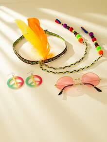 3pcs Style Colorful Feather Headbands, Boho Fashion Peace Sign Earrings, Colorful Feather Headbands - Multicolor - View 7