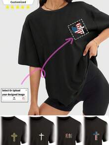 Customized Plus Size Black Crewneck T-Shirt With Cross Design - Personalized Religious Graphic Tee For Men & Women, Christian Gift, Baptism/Confirmation Present, Church Outfit, Streetwear Fashion, Big & Tall Comfort Fit, Holiday/Birthday/Anniversary Gift, Team Building Uniform, Minimalist Chic, Soft Short Sleeve Top, Unique Spiritual Gift For Him/Her, Friends & Family Matching - Black - View 5